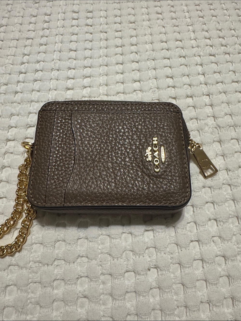 Coach Brown Pebbled Leather Card Case with Gold Chain Accent